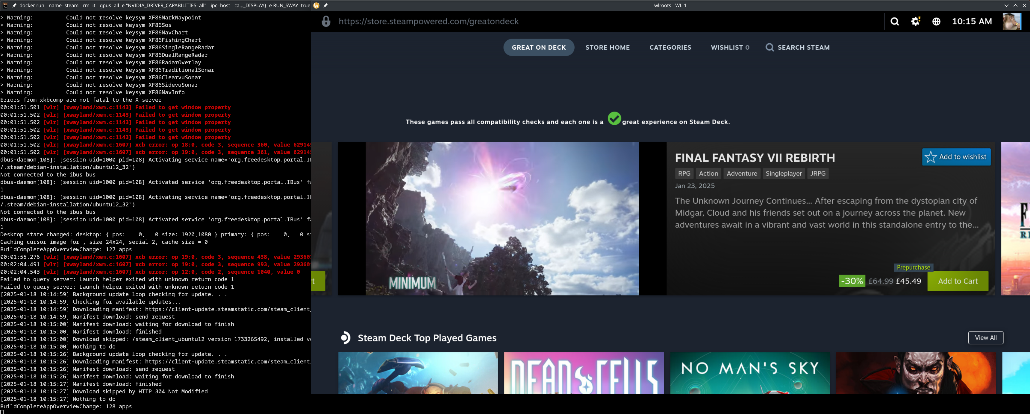 A screenshot of Steam running on a Wayland desktop